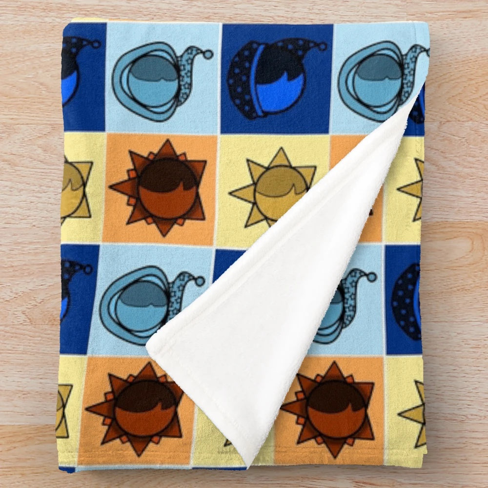 Soft and cozy plush blanket featuring a celestial design of the sun and moon