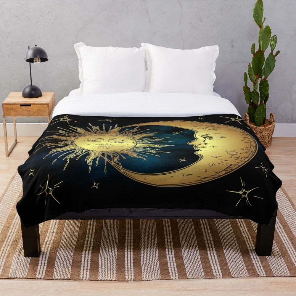 Cozy plush blanket with a celestial night sky design featuring the sun, moon, and stars