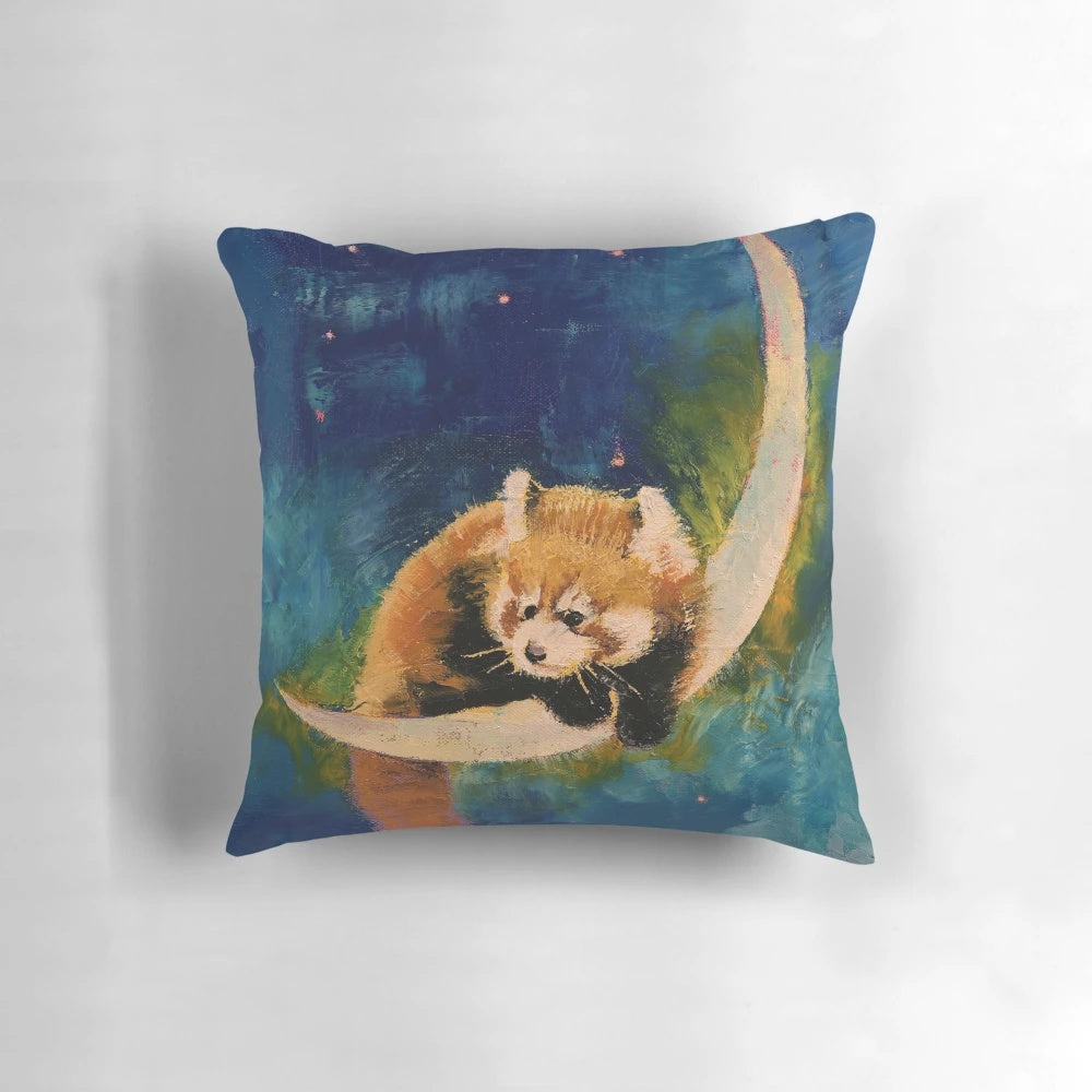 A plush red panda pillow with a crescent moon and starry night sky design, perfect for a cozy home or nursery.
