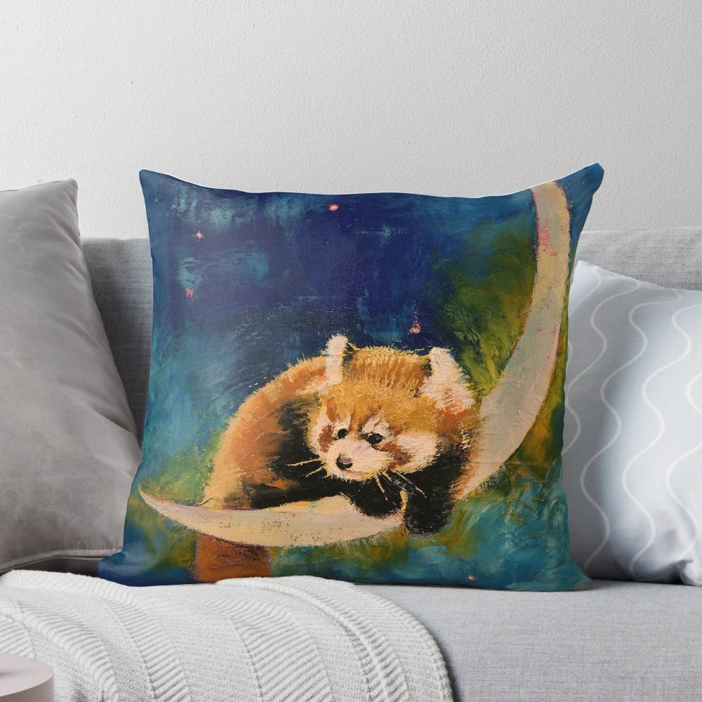 A plush red panda pillow with a crescent moon and starry night sky design, perfect for a cozy home or nursery.