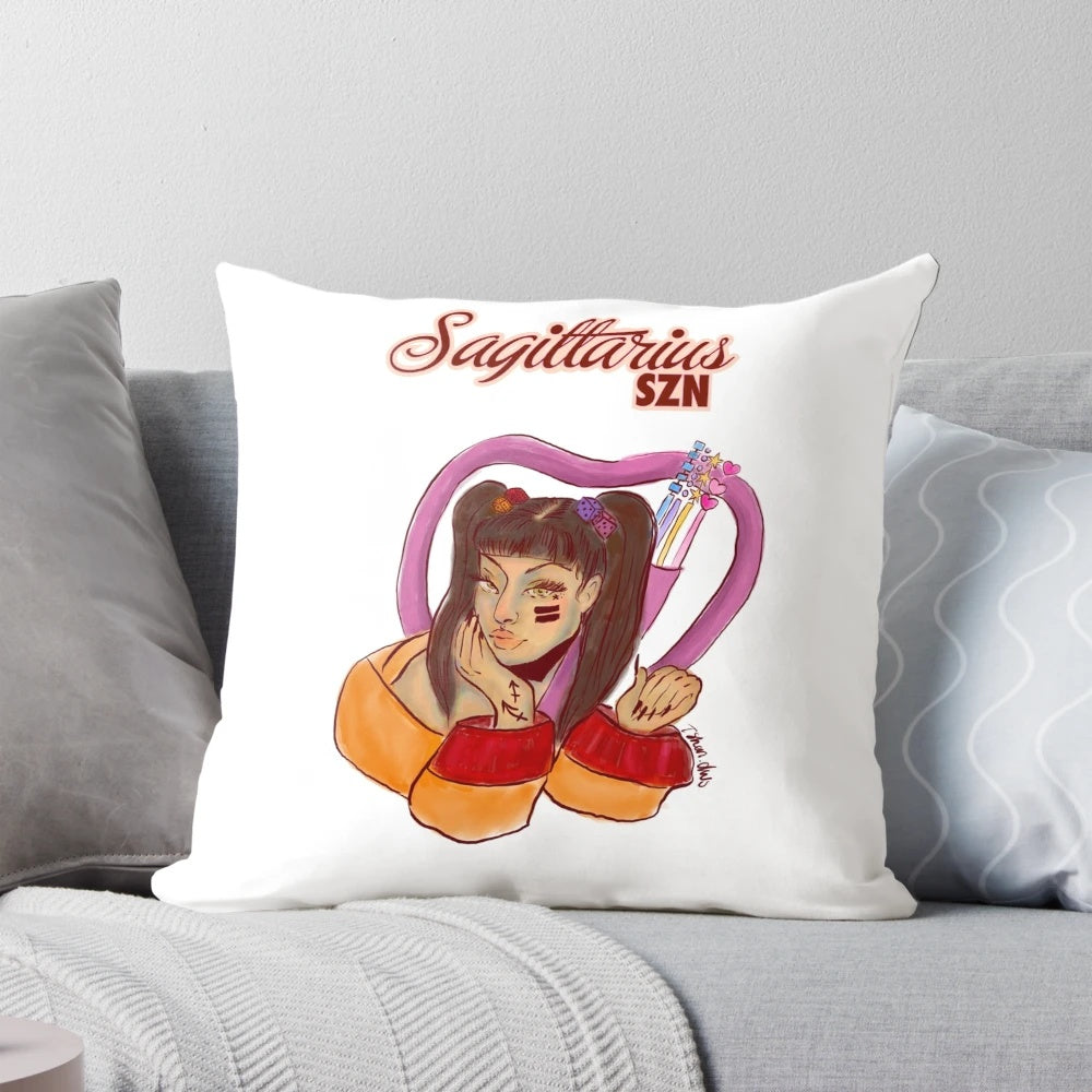 Sagittarius zodiac sign pillow in red and gold colors