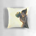 A decorative pillow featuring the iconic anime couple Vegeta and Bulma from the Dragonball universe, set against a backdrop of celestial patterns and steampunk-inspired elements.