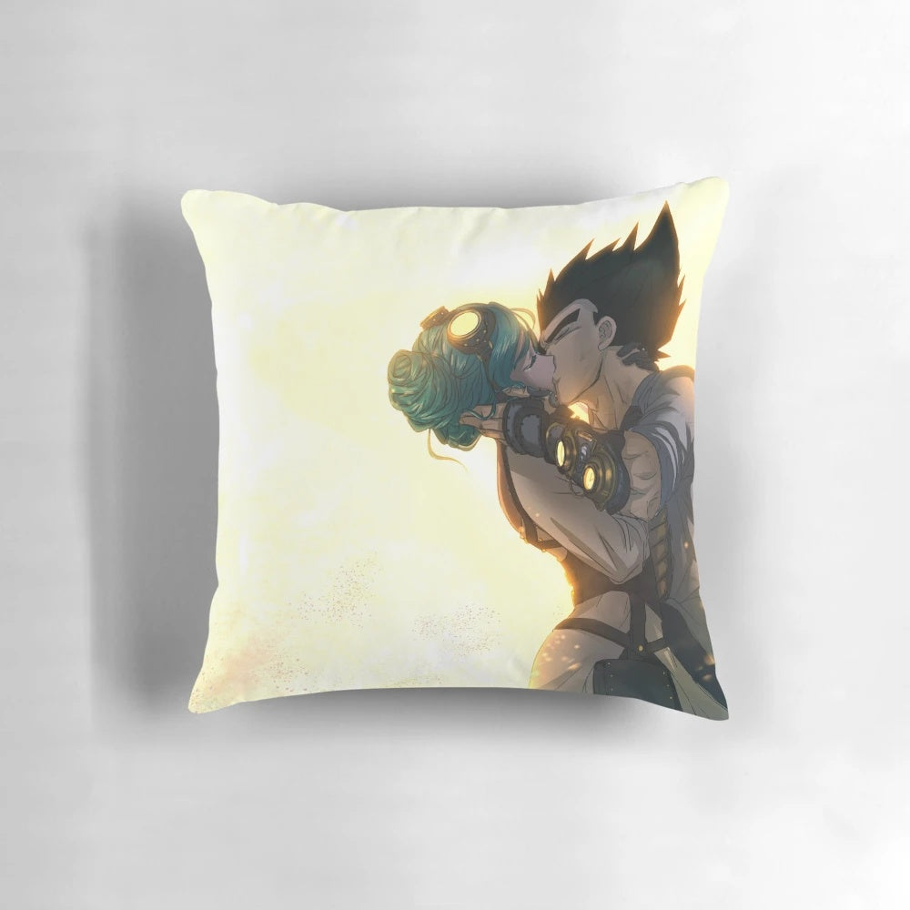 A decorative pillow featuring the iconic anime couple Vegeta and Bulma from the Dragonball universe, set against a backdrop of celestial patterns and steampunk-inspired elements.