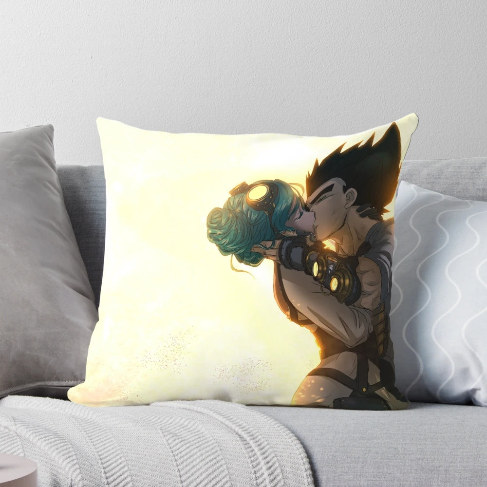 A decorative pillow featuring the iconic anime couple Vegeta and Bulma from the Dragonball universe, set against a backdrop of celestial patterns and steampunk-inspired elements.