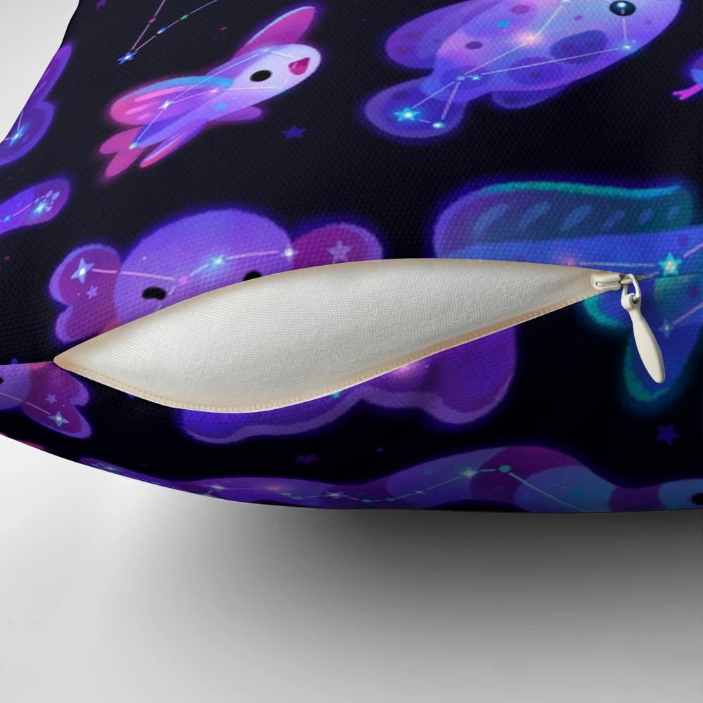 A decorative pillow featuring a design of ocean-themed constellations and marine life.