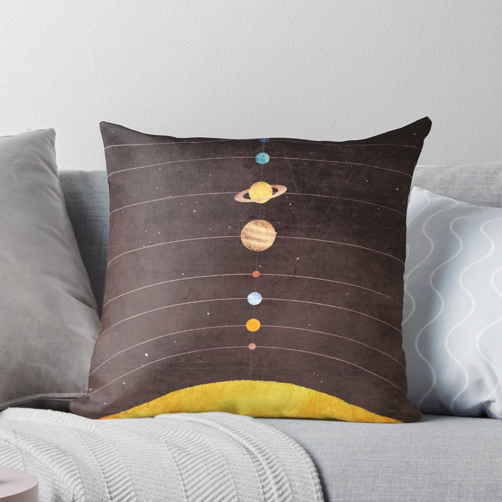 Solar system throw pillow with planets Mercury, Venus, Earth, Mars, Jupiter, Saturn, Uranus, and Neptune