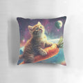 Soft and plush pillow featuring a whimsical space cat design in a vibrant cosmic backdrop.