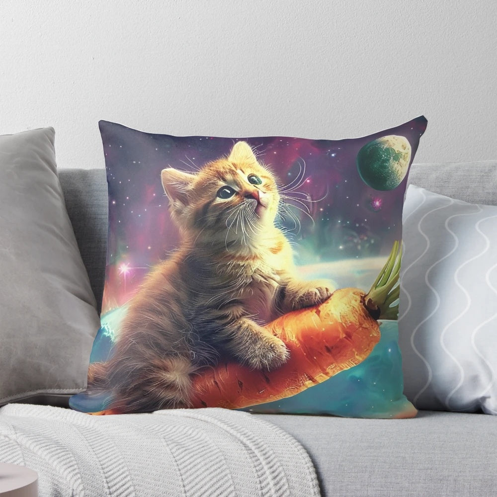 Soft and plush pillow featuring a whimsical space cat design in a vibrant cosmic backdrop.