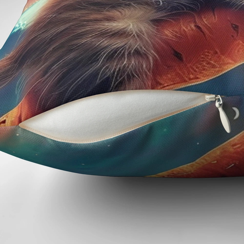 Soft and plush pillow featuring a whimsical space cat design in a vibrant cosmic backdrop.