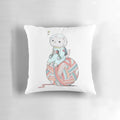A plush pillow depicting a cute space cat sitting on a yarn ball against a starry, galaxy background.