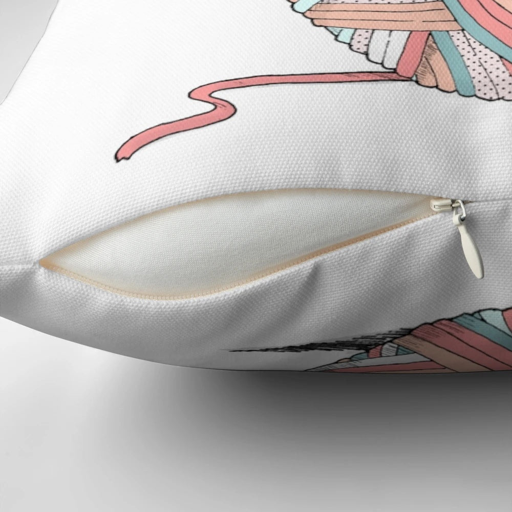 A plush pillow depicting a cute space cat sitting on a yarn ball against a starry, galaxy background.