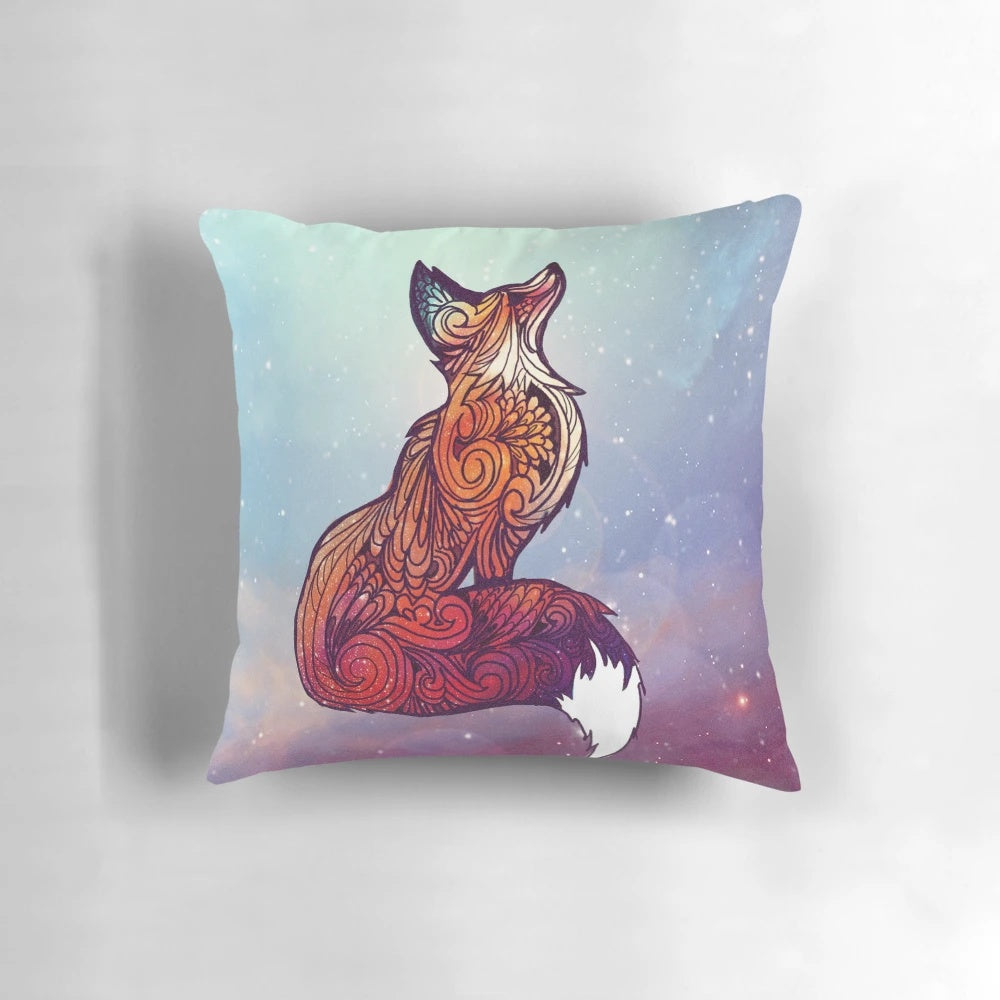 Soft space fox pillow with a vibrant nebula and stars design