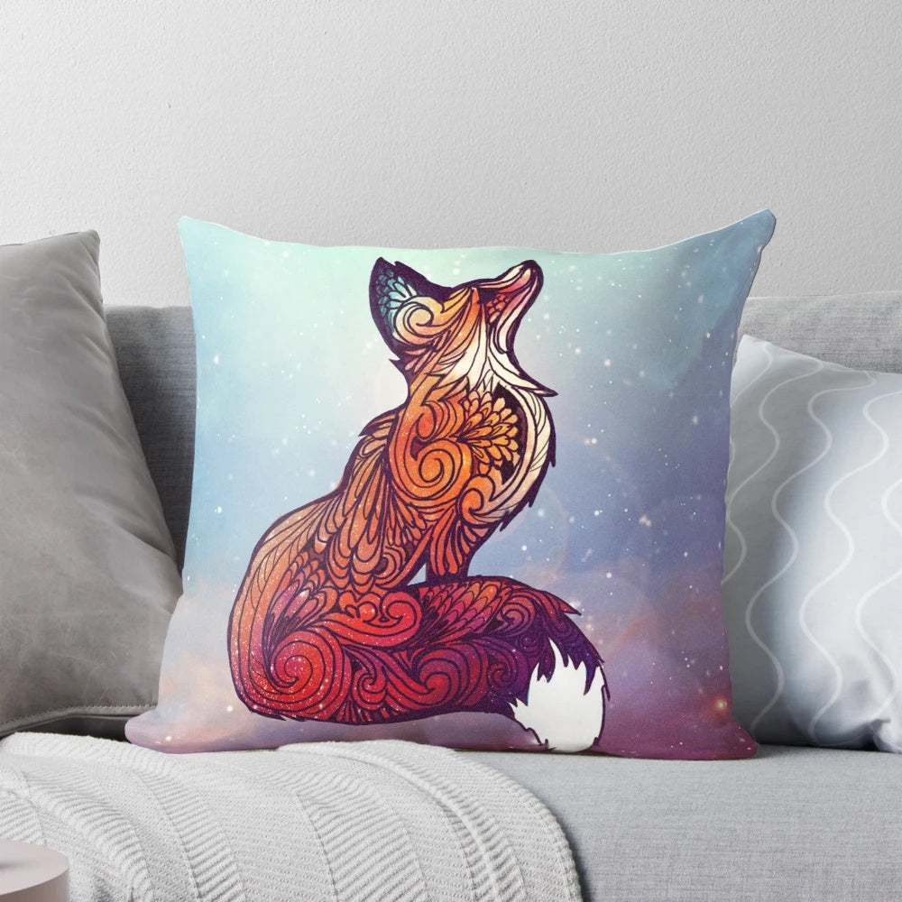 Soft space fox pillow with a vibrant nebula and stars design