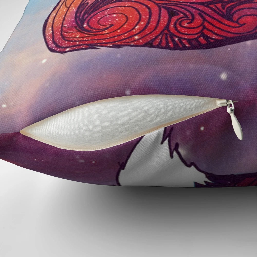 Soft space fox pillow with a vibrant nebula and stars design