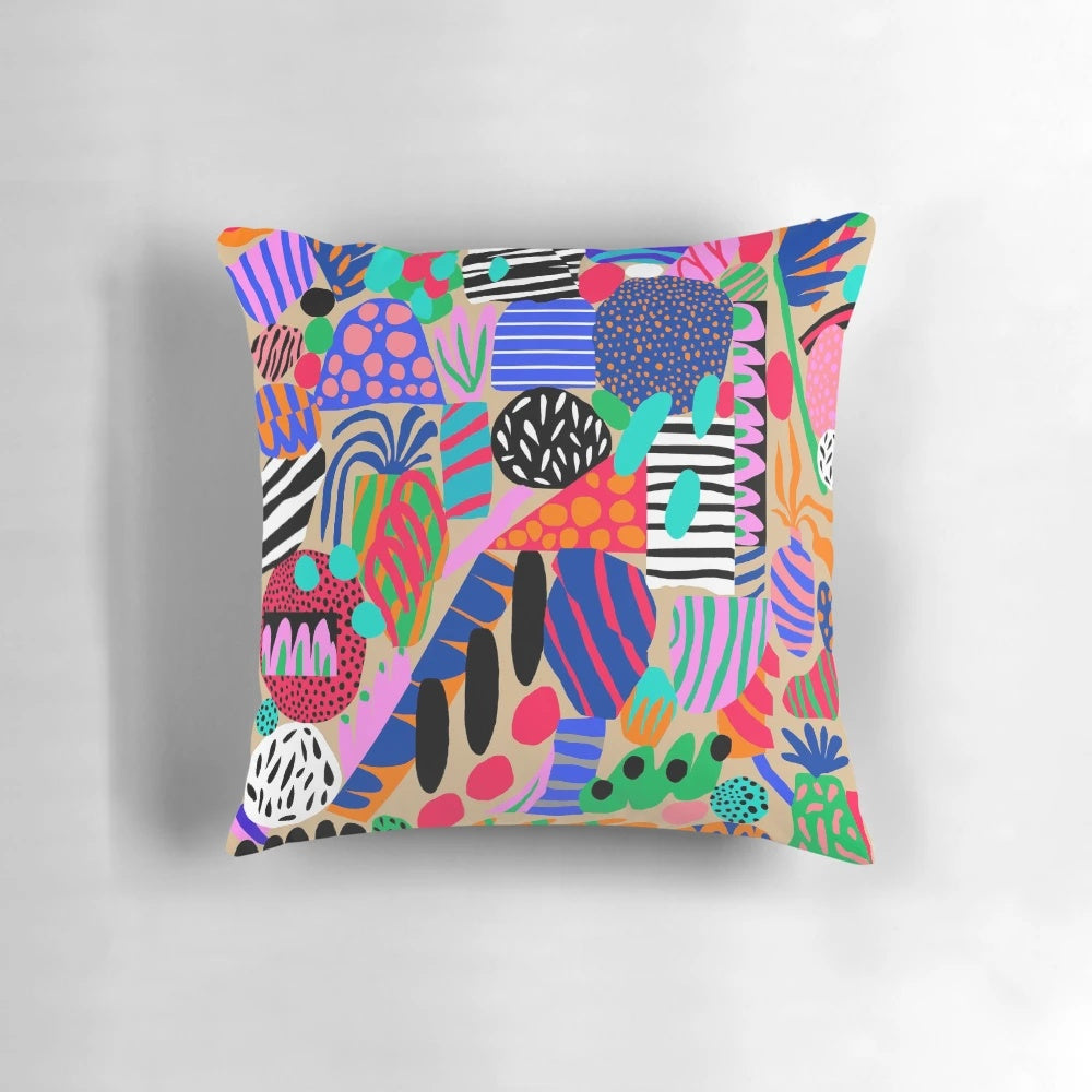 A plush, decorative pillow featuring a vibrant space garden design, perfect for adding a touch of cosmic style to any room.