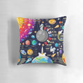 Decorative pillow featuring a space and universe infographic design with planets, galaxies, and astronomical elements.