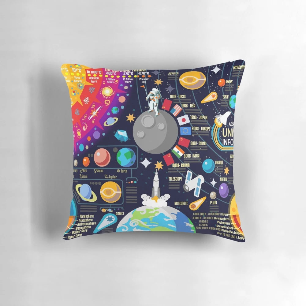 Decorative pillow featuring a space and universe infographic design with planets, galaxies, and astronomical elements.