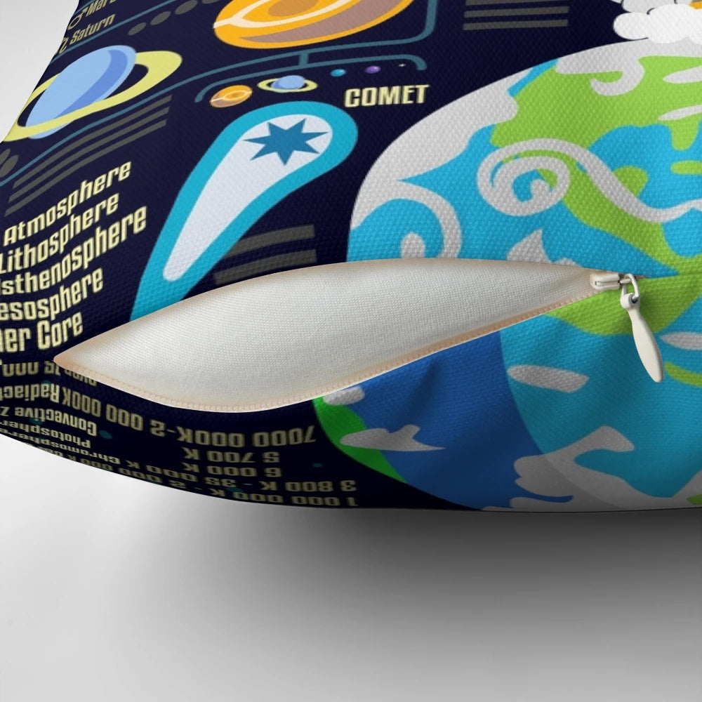 Decorative pillow featuring a space and universe infographic design with planets, galaxies, and astronomical elements.