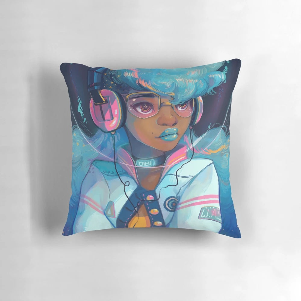 Soft, plush pillow featuring a space-themed portrait design with an astronaut in a letterman jacket against a starry galaxy background.