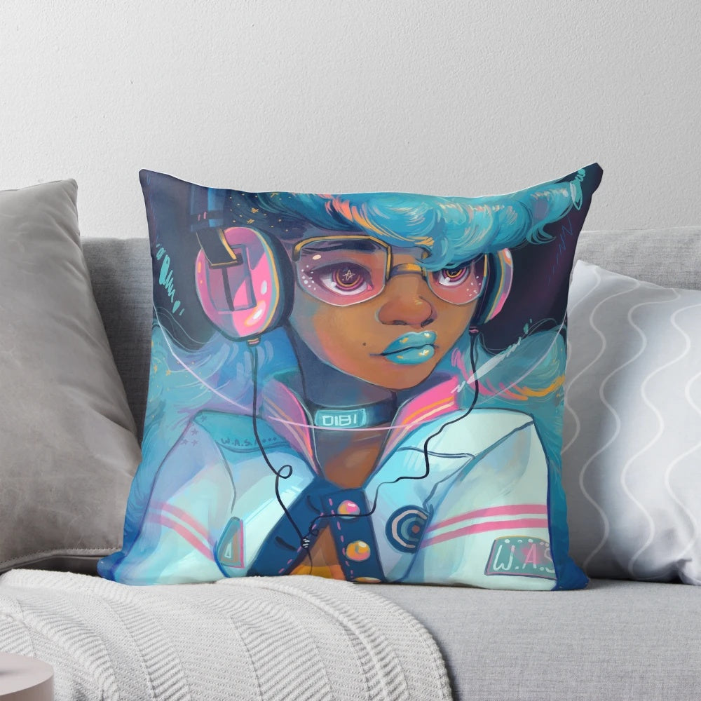 Soft, plush pillow featuring a space-themed portrait design with an astronaut in a letterman jacket against a starry galaxy background.