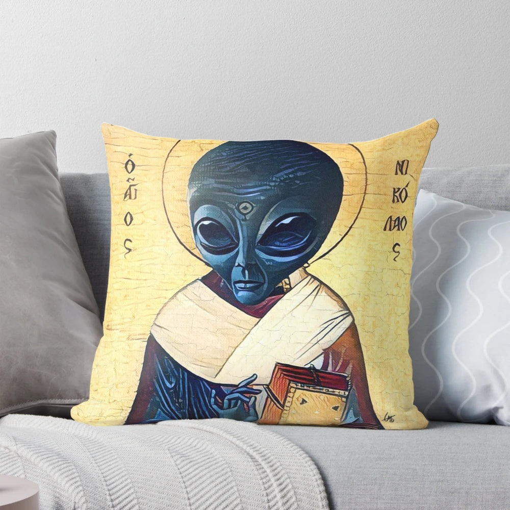 Saint Alien Pillow - Unique Celestial Decor for Sci-Fi Enthusiasts