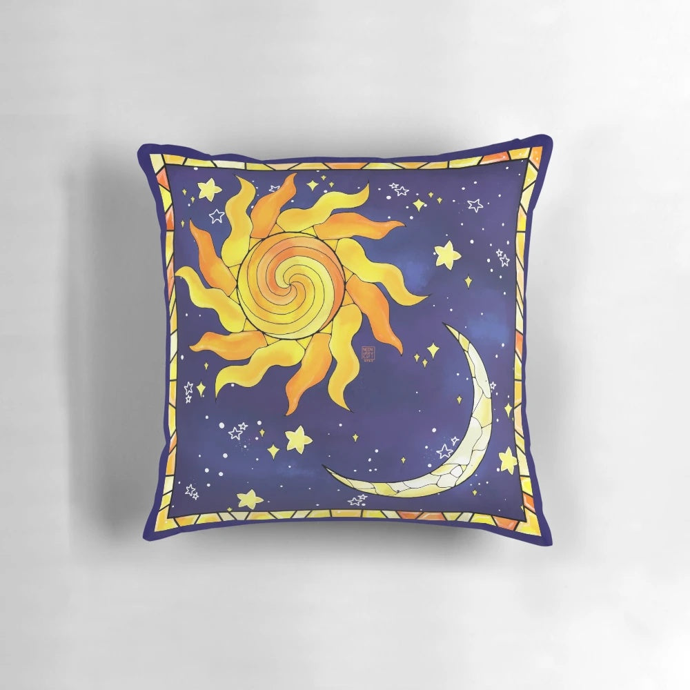 Celestial stained glass pattern pillow with sun, moon, and stars