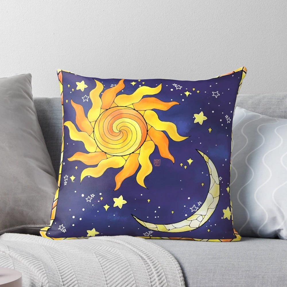 Celestial stained glass pattern pillow with sun, moon, and stars
