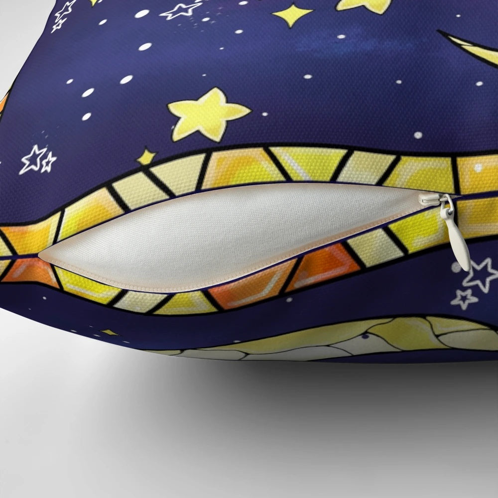 Celestial stained glass pattern pillow with sun, moon, and stars