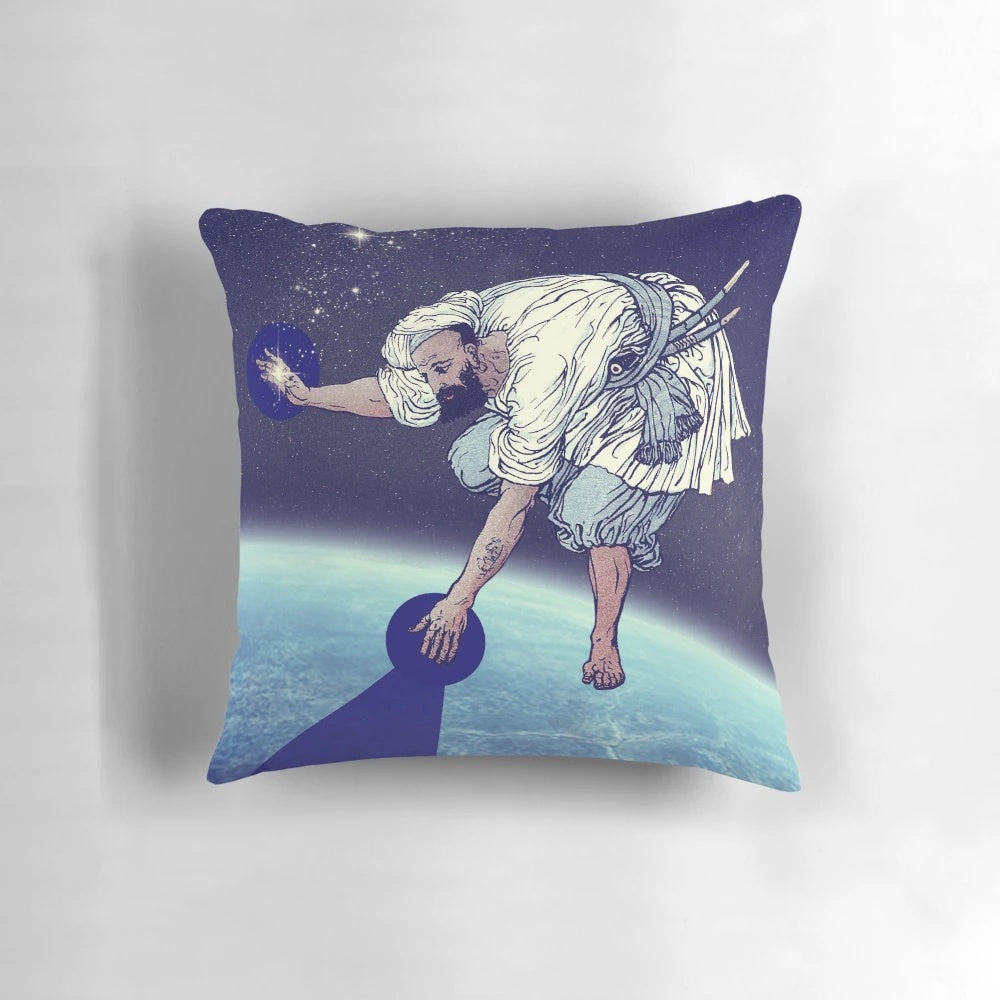 A vintage-inspired collage pillow featuring a starry night sky and celestial imagery