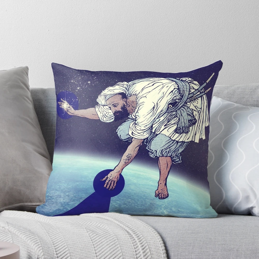 A vintage-inspired collage pillow featuring a starry night sky and celestial imagery