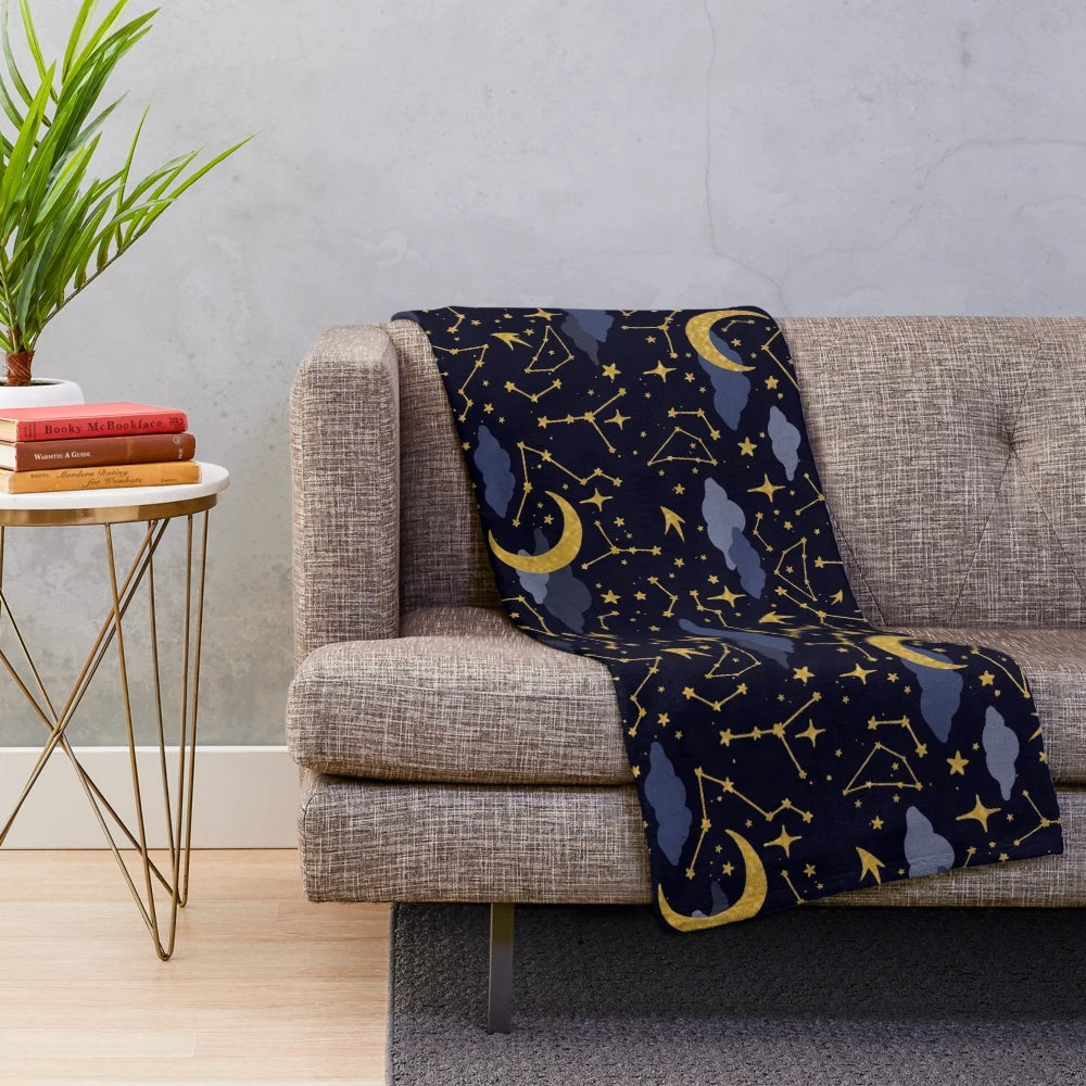Celestial stars and moons plush blanket in dark blue and gold