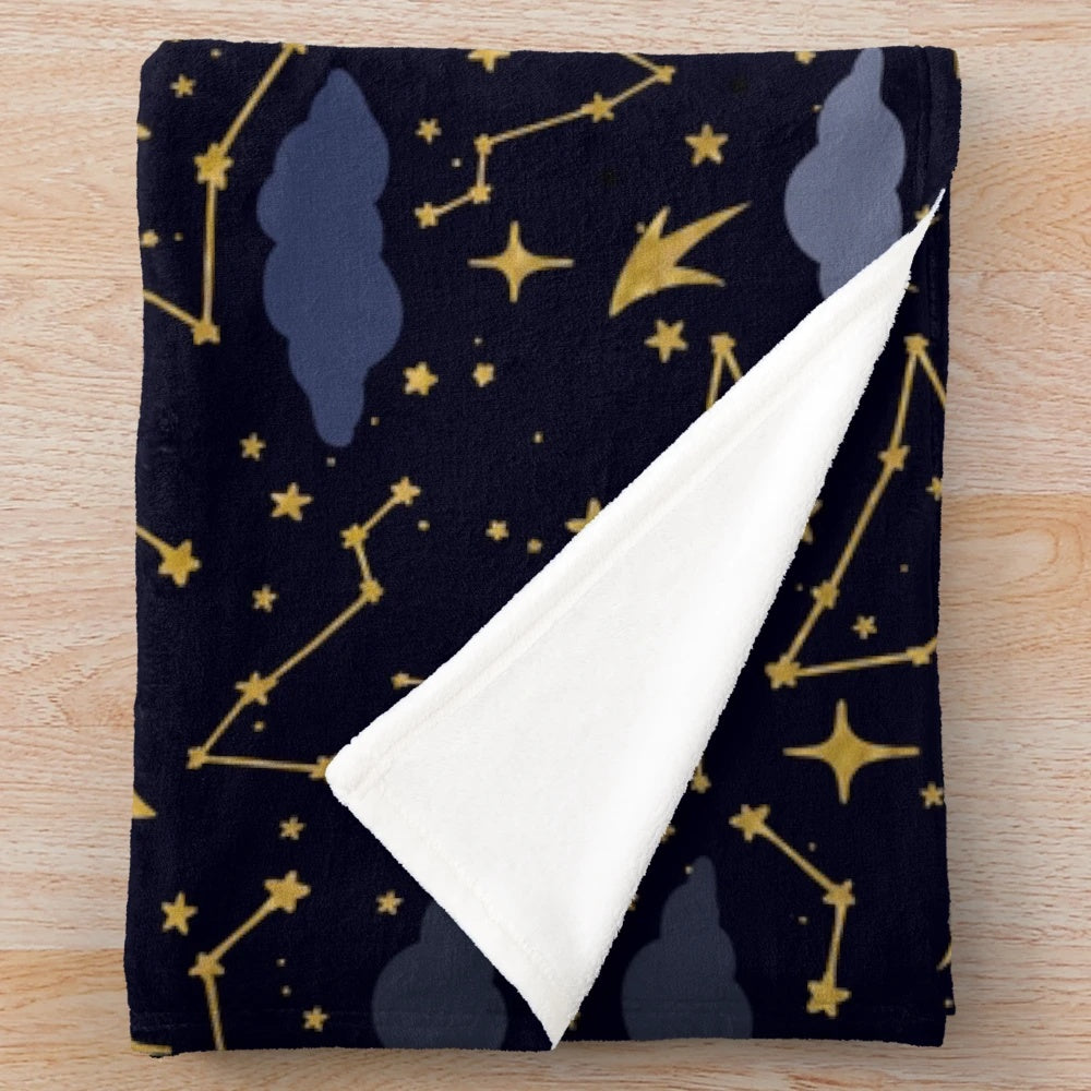 Celestial stars and moons plush blanket in dark blue and gold