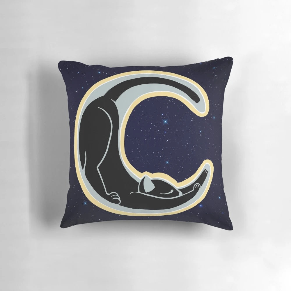 Celestial moon cat pillow featuring a crescent moon design for stretching and relaxation