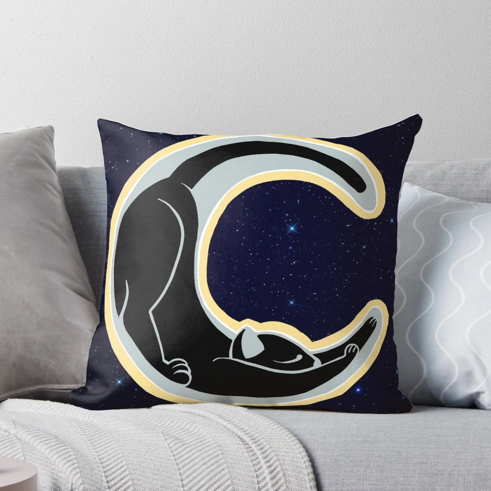 Celestial moon cat pillow featuring a crescent moon design for stretching and relaxation