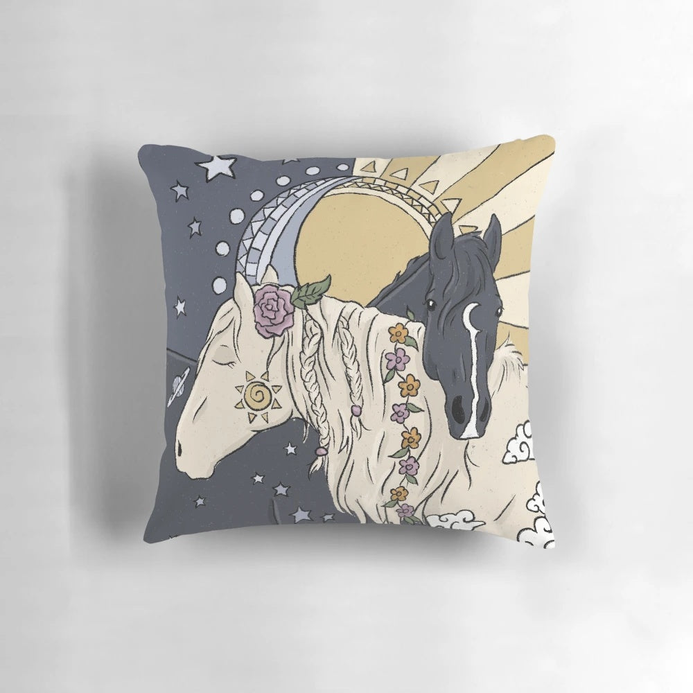 A cozy and enchanting sun and moon-themed pillow, perfect for a dreamy bedroom decor