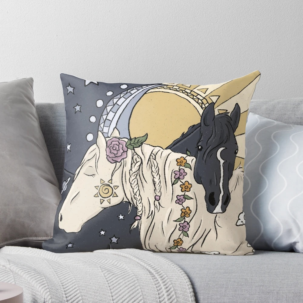 A cozy and enchanting sun and moon-themed pillow, perfect for a dreamy bedroom decor