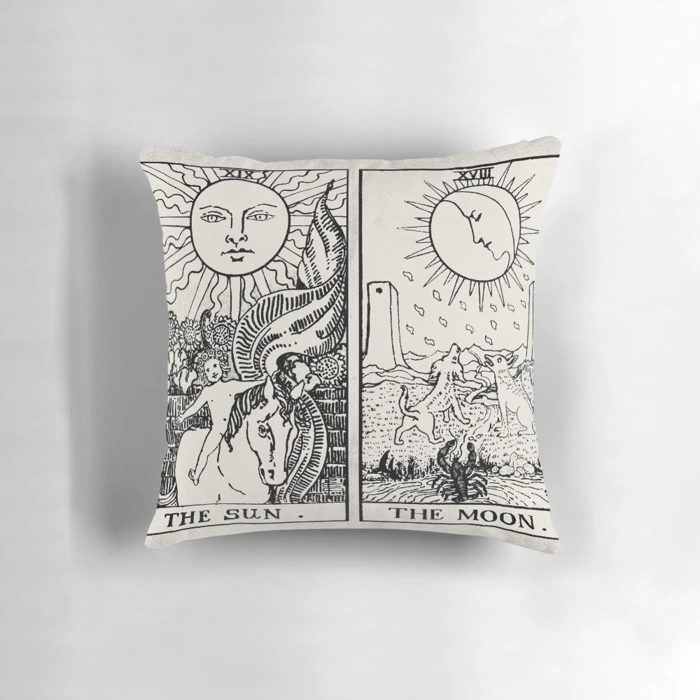 Throw pillow with sun and moon imagery, inspired by Rider-Waite tarot cards