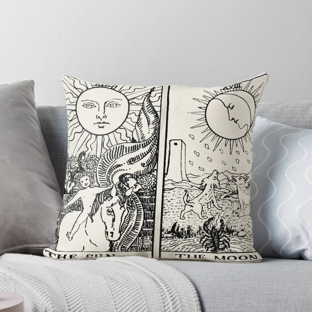 Throw pillow with sun and moon imagery, inspired by Rider-Waite tarot cards