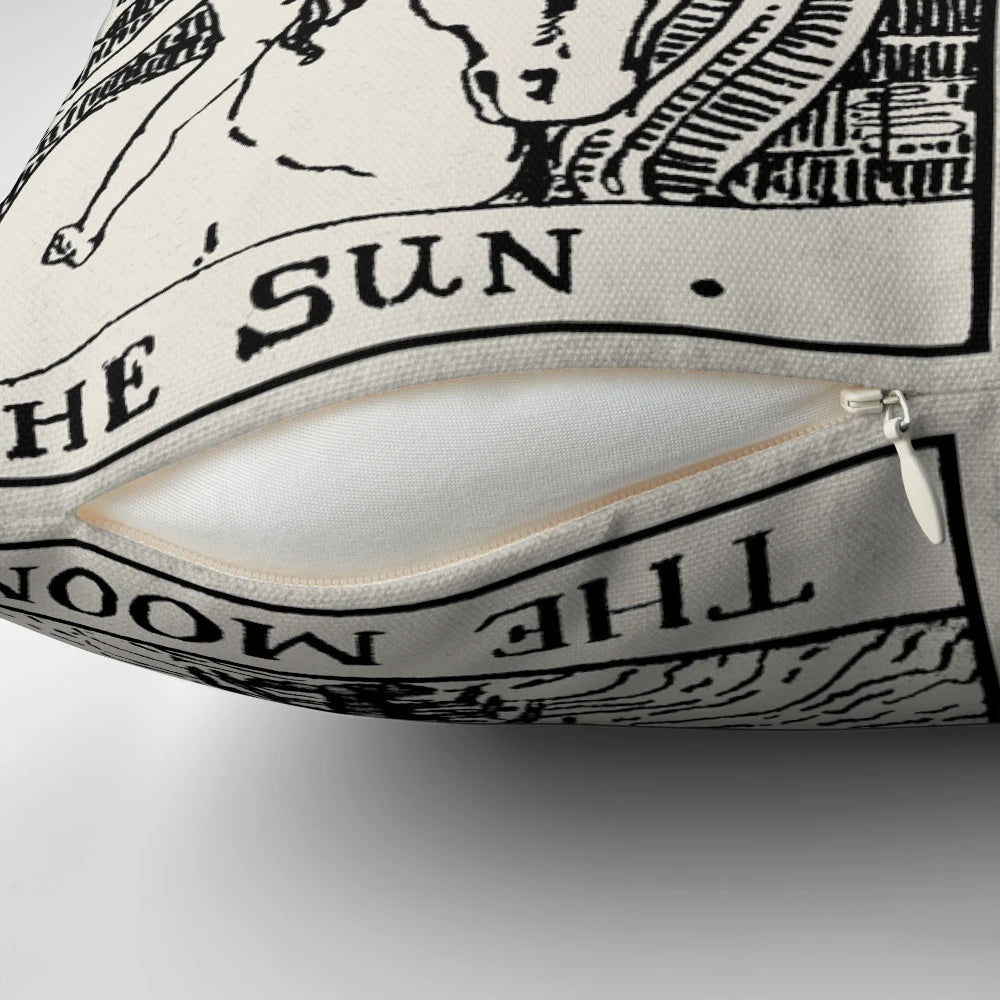 Throw pillow with sun and moon imagery, inspired by Rider-Waite tarot cards