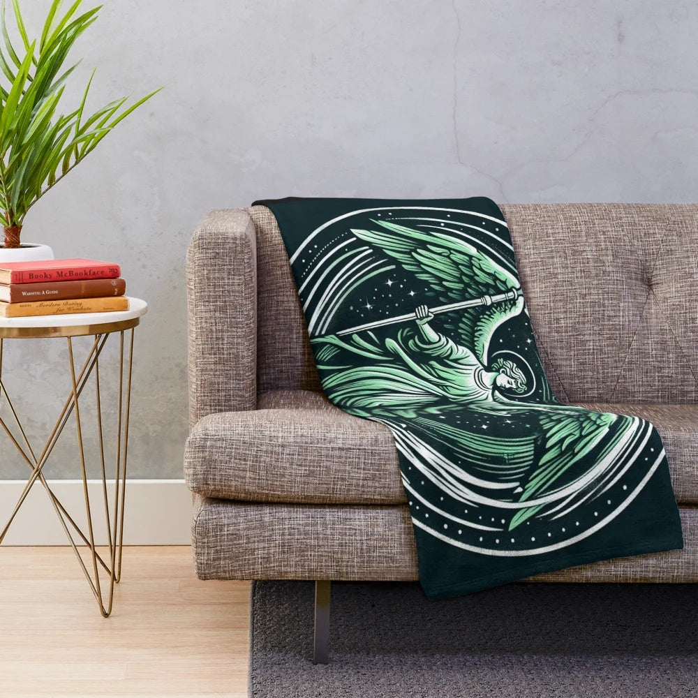 Saint Raphael Archangel Plush Blanket, featuring the angel of healing with blue light and wings