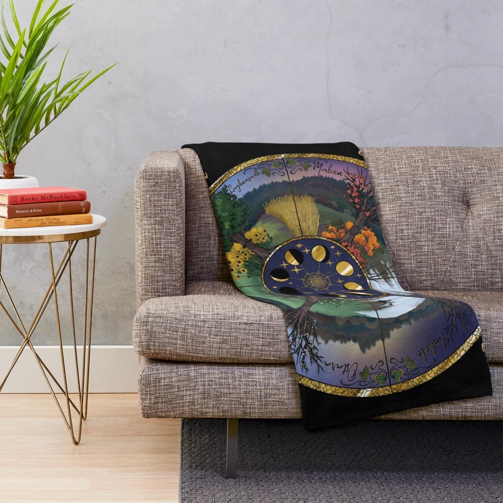 Soft and cozy plush blanket featuring a nature-inspired wheel of the year design