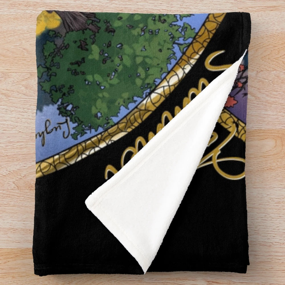 Soft and cozy plush blanket featuring a nature-inspired wheel of the year design