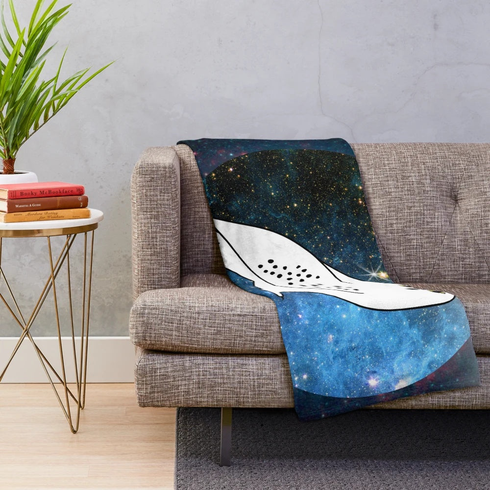 White owl plush blanket with galaxy, stars, and magical elements