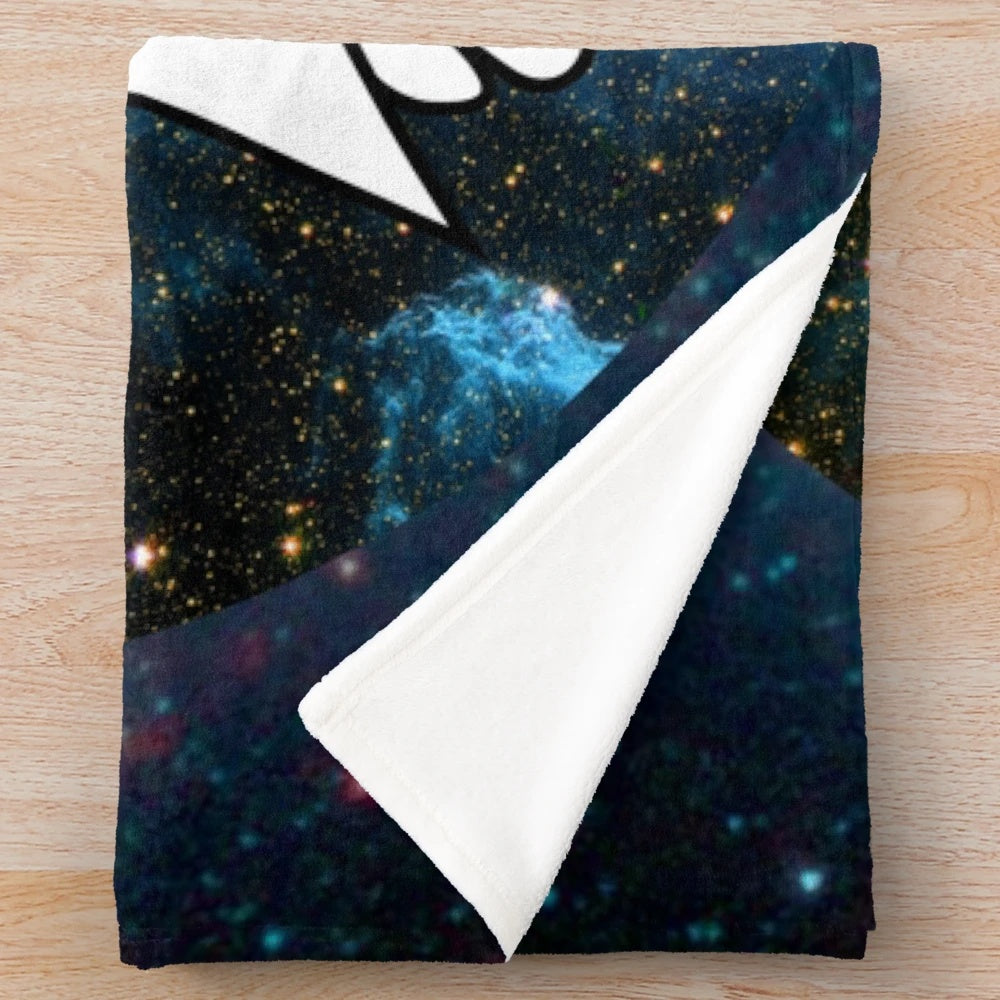 White owl plush blanket with galaxy, stars, and magical elements