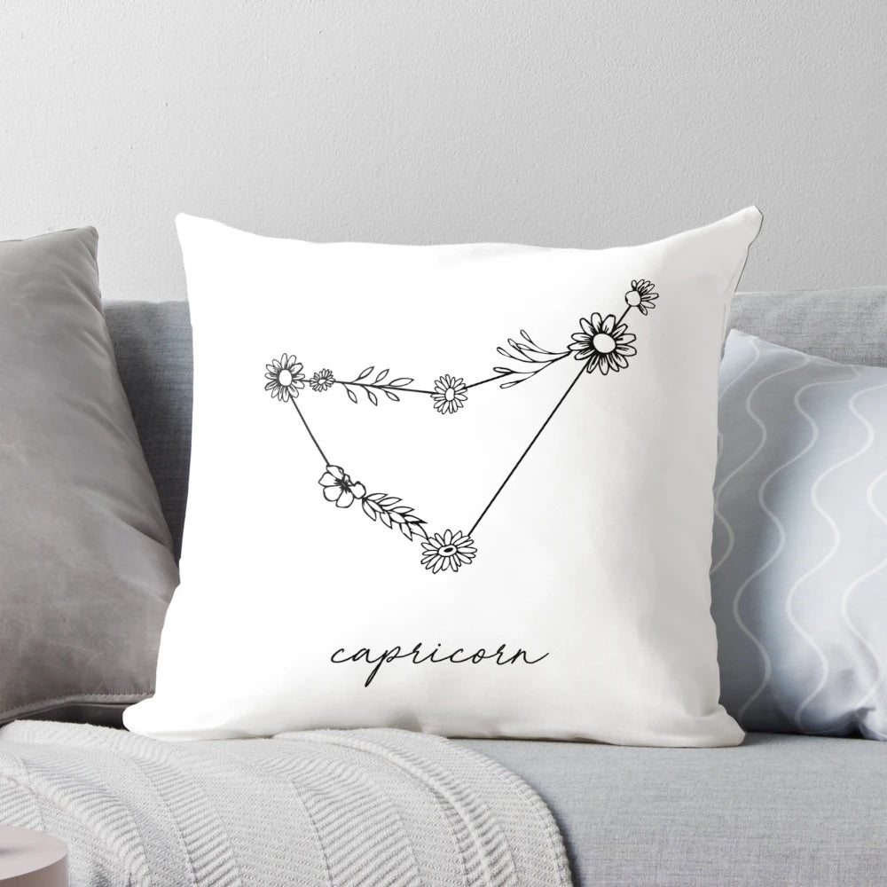 Decorative throw pillow featuring a wildflower constellation design in zodiac star sign colors