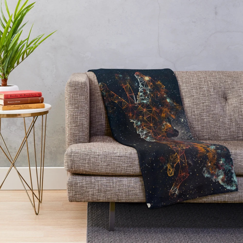 Celestial wolf plush blanket featuring a galaxy-inspired design