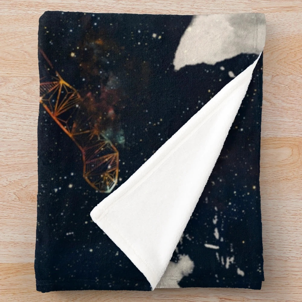 Celestial wolf plush blanket featuring a galaxy-inspired design
