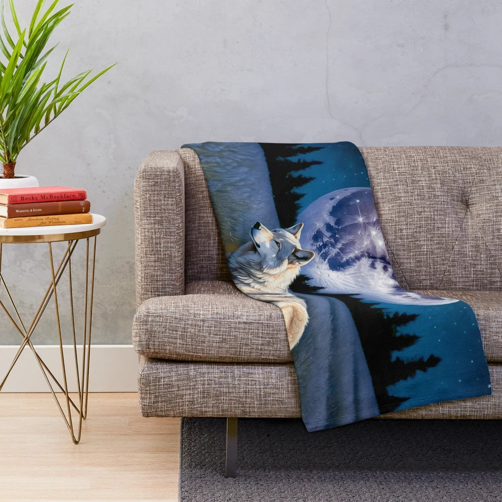 Cozy plush blanket featuring a majestic wolf under a starry night sky
