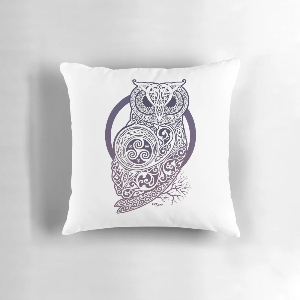 A decorative throw pillow featuring a Celtic-style owl design with intricate knotwork and a crescent moon.