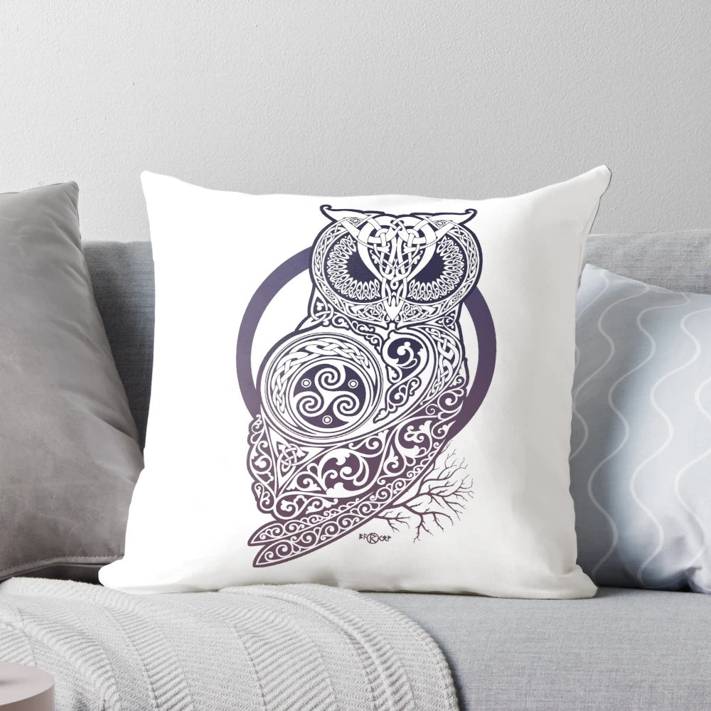 A decorative throw pillow featuring a Celtic-style owl design with intricate knotwork and a crescent moon.